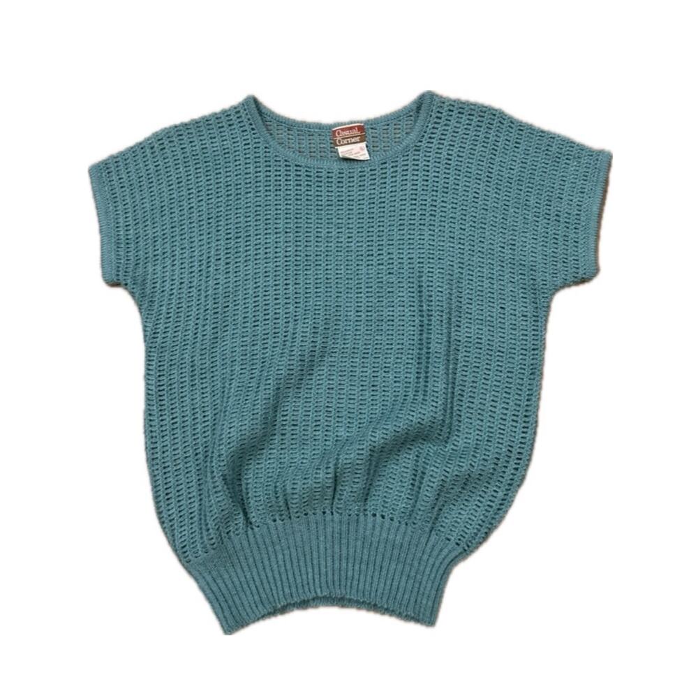 Vintage 80s Open Knit Sweater Teal Aqua Short Sleeve Sheer Beachy Top M/L -
